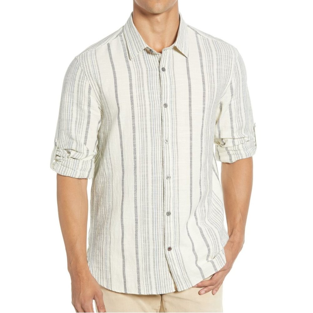 John Varvatos Cream and Gray Striped Linen Button-Down Shirt